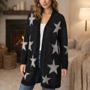 COTTON ON Oversized Star Print Cardigan Sweater Open Front Black Womens XS